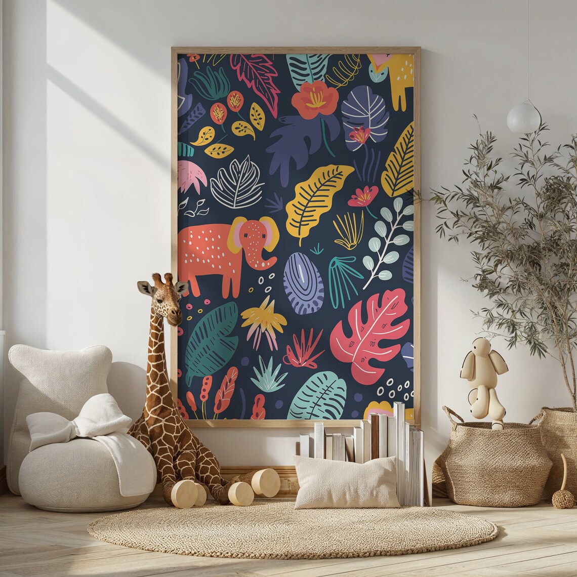 Dark Jungle Animal Botanical Pattern Coral Elephant Nursery Wall Art Print - Image 3