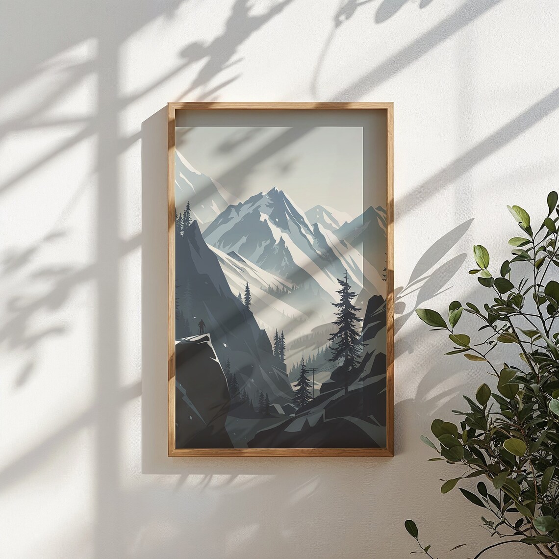 Snowy Mountain Valley Lone Hiker Misty Blue Winter Travel Poster - Image 3