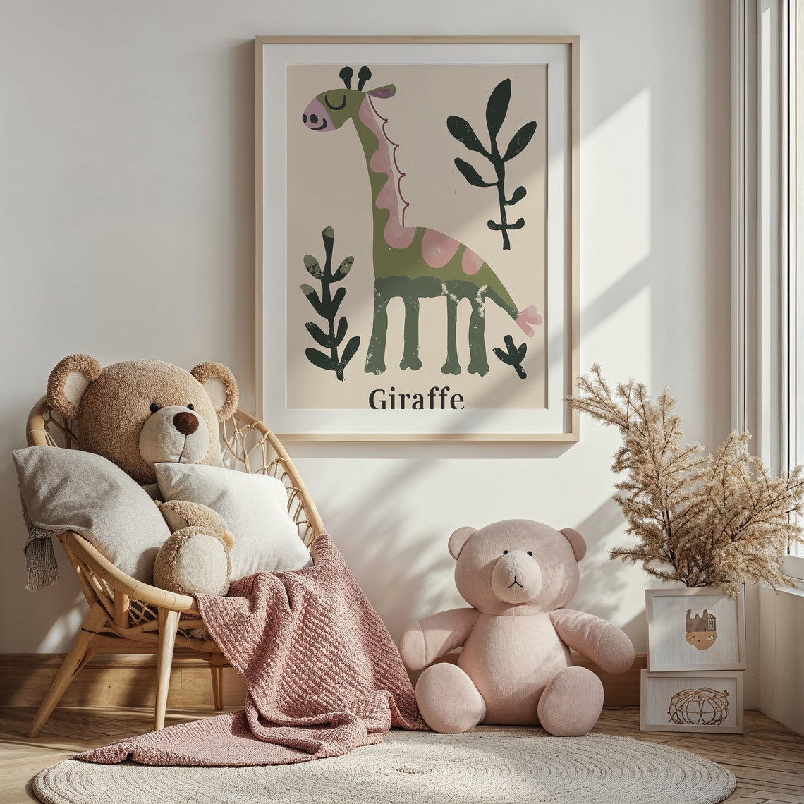 Smiling Green Giraffe Pink Patches Jungle Leaves Kids Wall Poster - Image 3