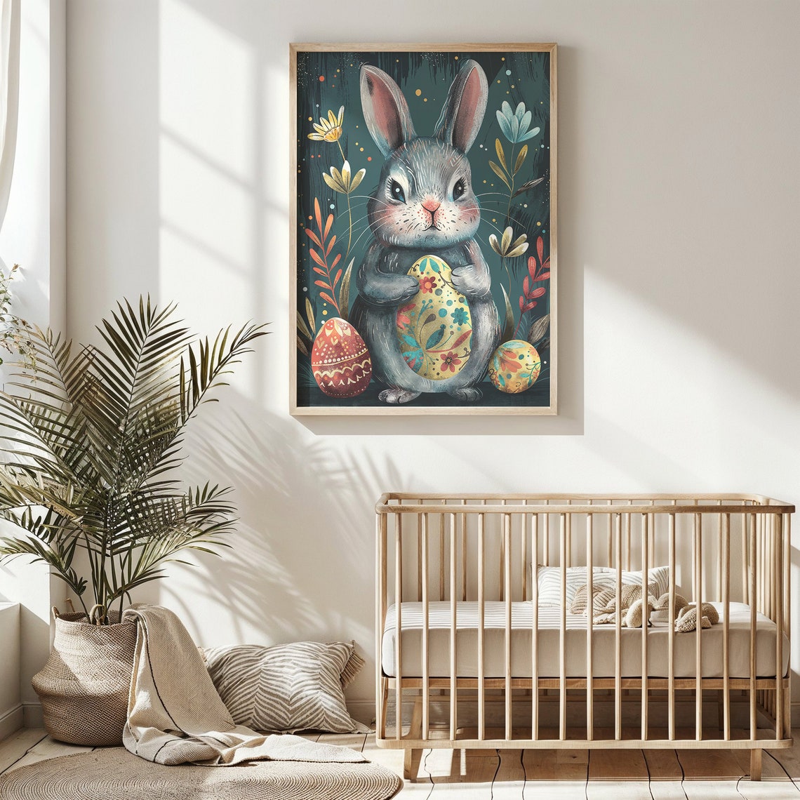 Gray Bunny Holding Painted Easter Egg Dark Teal Storybook Poster - Image 4