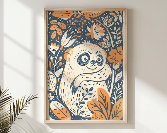 Cute Sloth Botanical Floral Illustration Orange Navy Kids Wall Art Poster