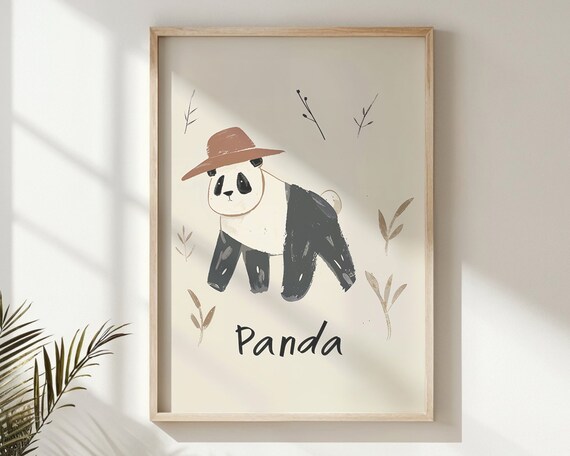 Panda Wearing Brown Hat Neutral Botanical Nursery Kids Room Art Poster
