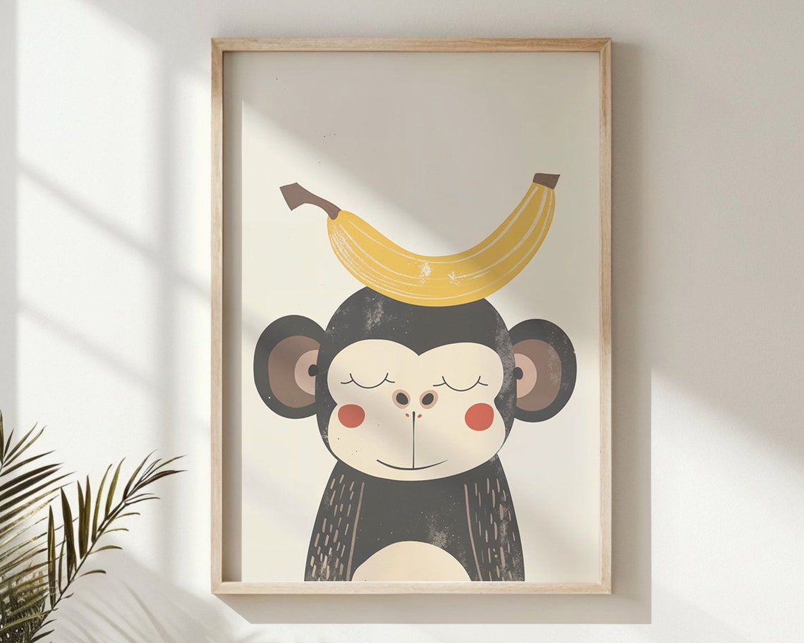 Cute Monkey Balancing Yellow Banana Sweet Smiling Nursery Art Poster - Image 5