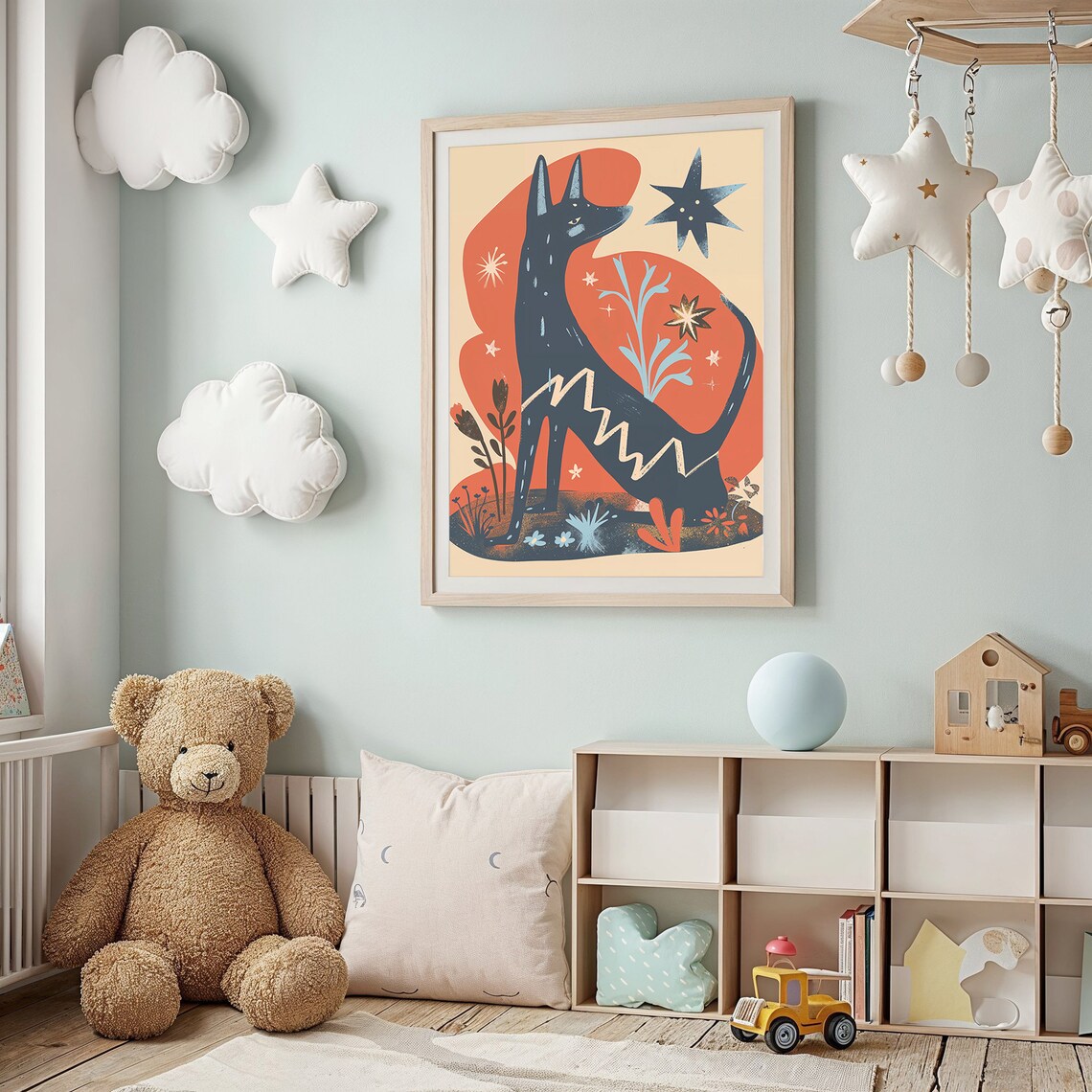 Sitting Black Dog Sunset Stars Bold Folk Art Animal Wall Poster - Image 2