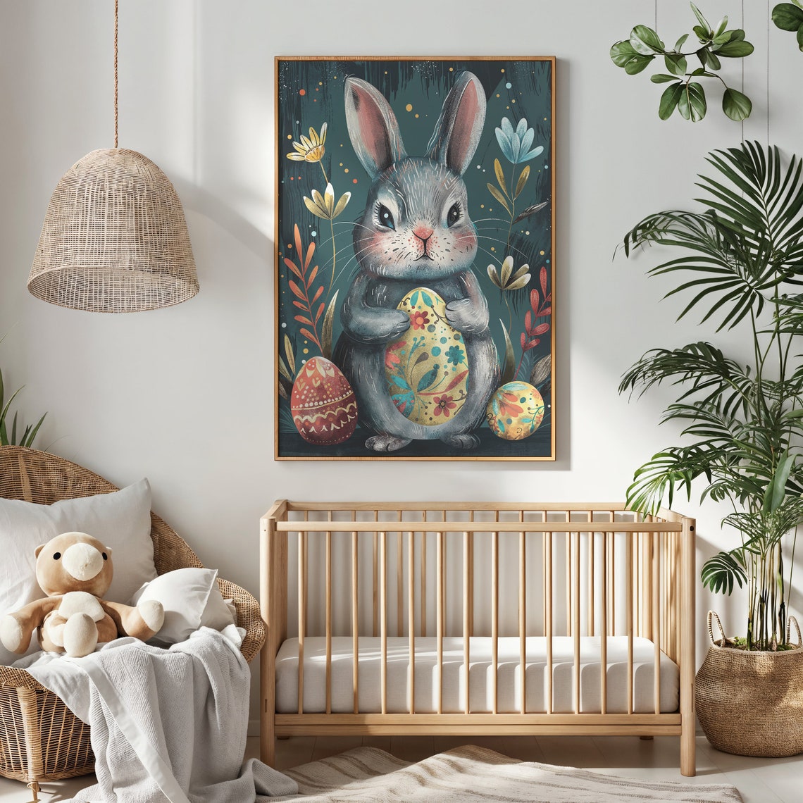Gray Bunny Holding Painted Easter Egg Dark Teal Storybook Poster - Image 2