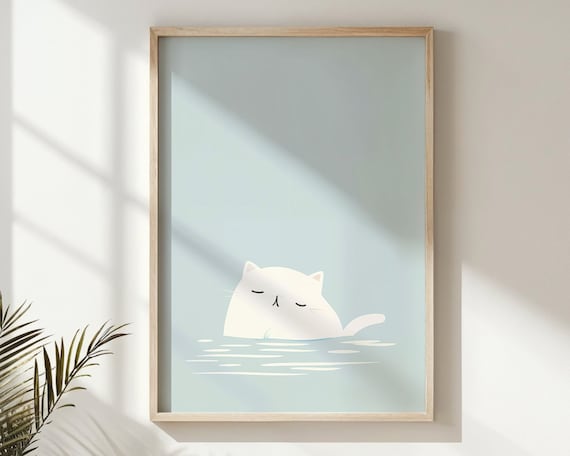 White Cat Bath Time Calm Blue Minimalist Nursery Wall Art Poster