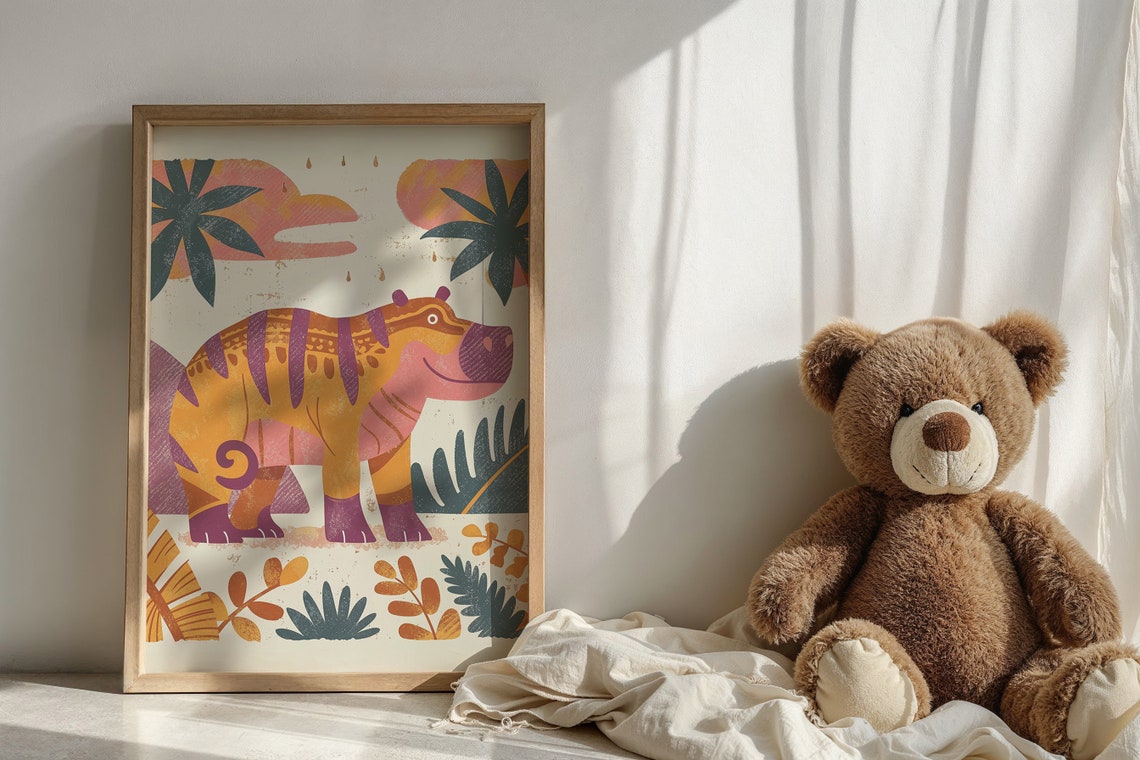 Colorful Patterned Hippo Among Tropical Plants Kids Room Poster - Image 5