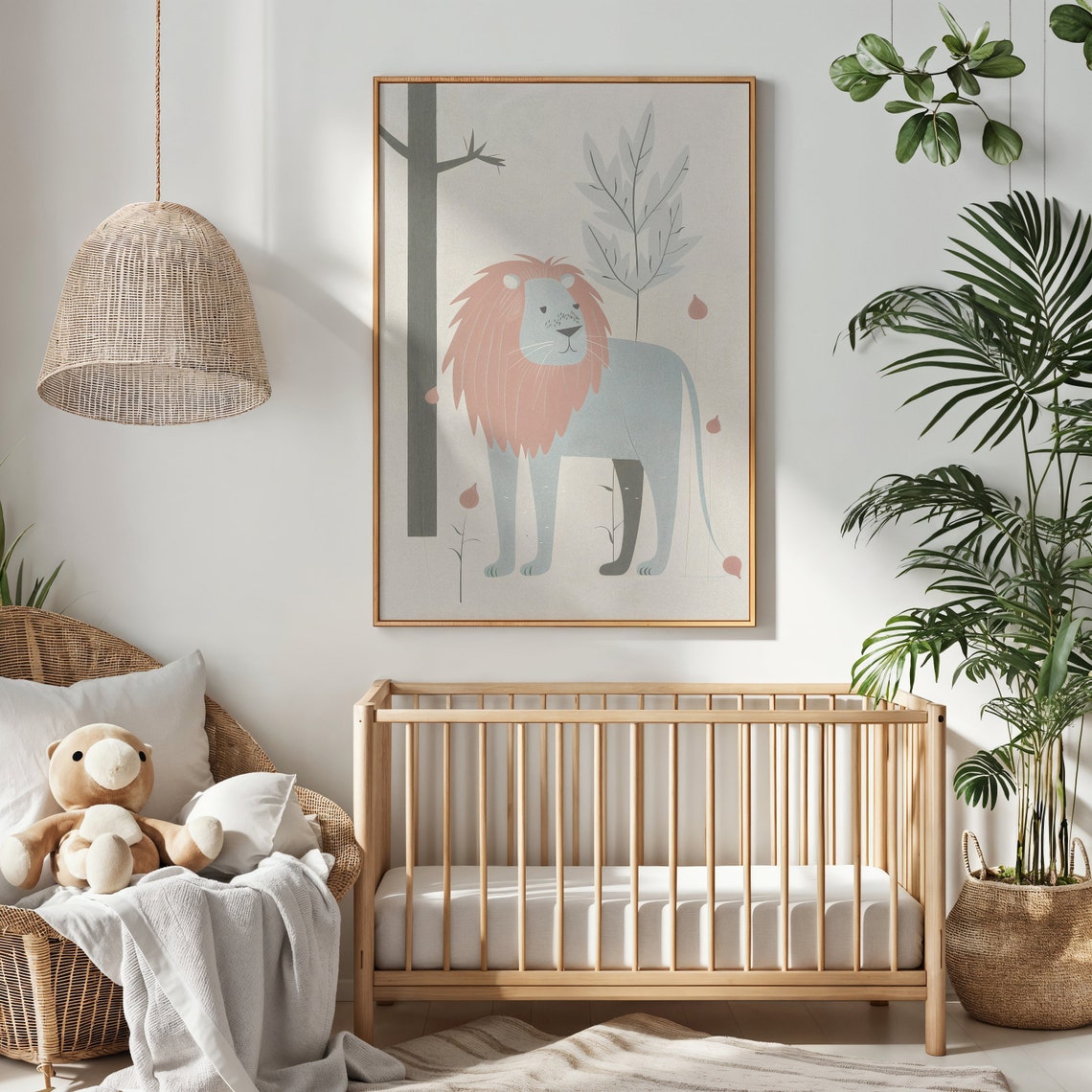Pastel Lion With Dusty Rose Mane Minimalist Nursery Wall Art Poster - Image 3