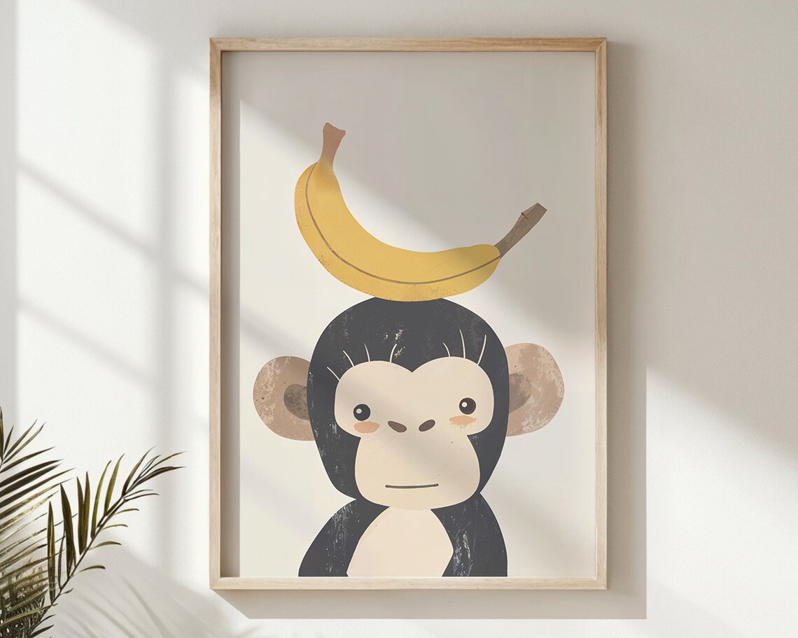 Monkey And Banana Nursery Animal Poster, Neutral Tones