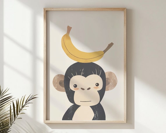 Monkey And Banana Nursery Animal Poster, Neutral Tones