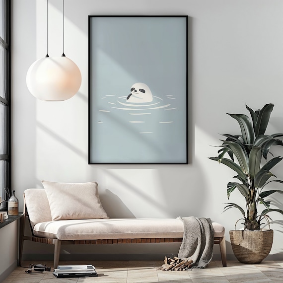 Minimalist Swimming Sloth Blue Water Ripple Nursery Kids Room Art Poster