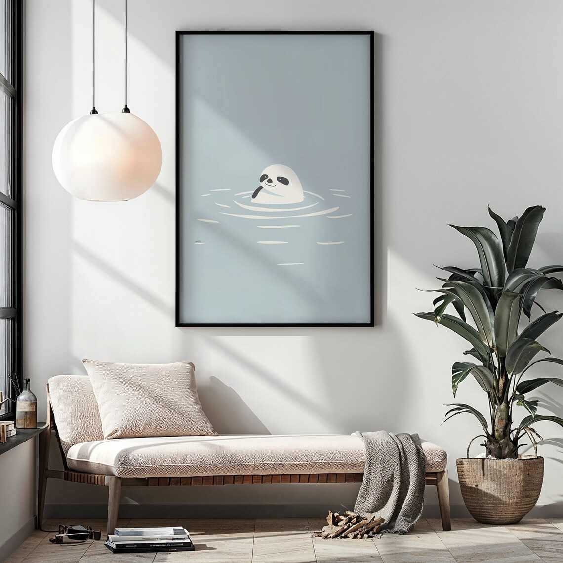 Minimalist Swimming Sloth Blue Water Ripple Nursery Kids Room Art Poster