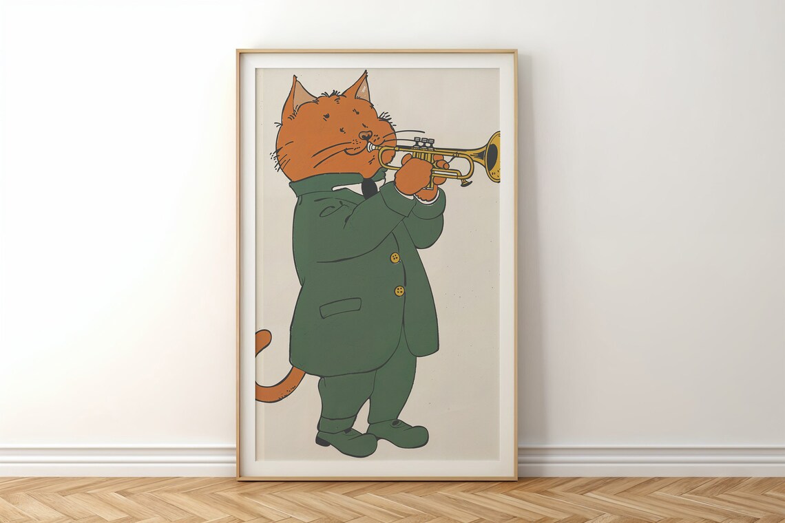 Cat Playing Gold Trumpet Green Suit Kids Music Room Wall Poster - Image 6