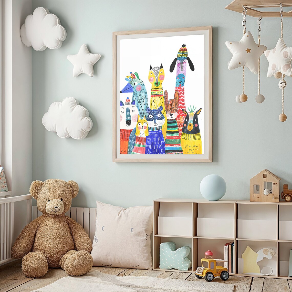 Colorful Quirky Animal Friends Whimsical Tall Creatures Nursery Poster - Image 3