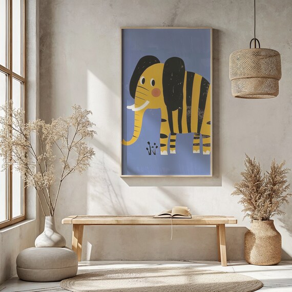 Cute Yellow Elephant Cartoon Illustration Nursery Kids Room Animal Poster
