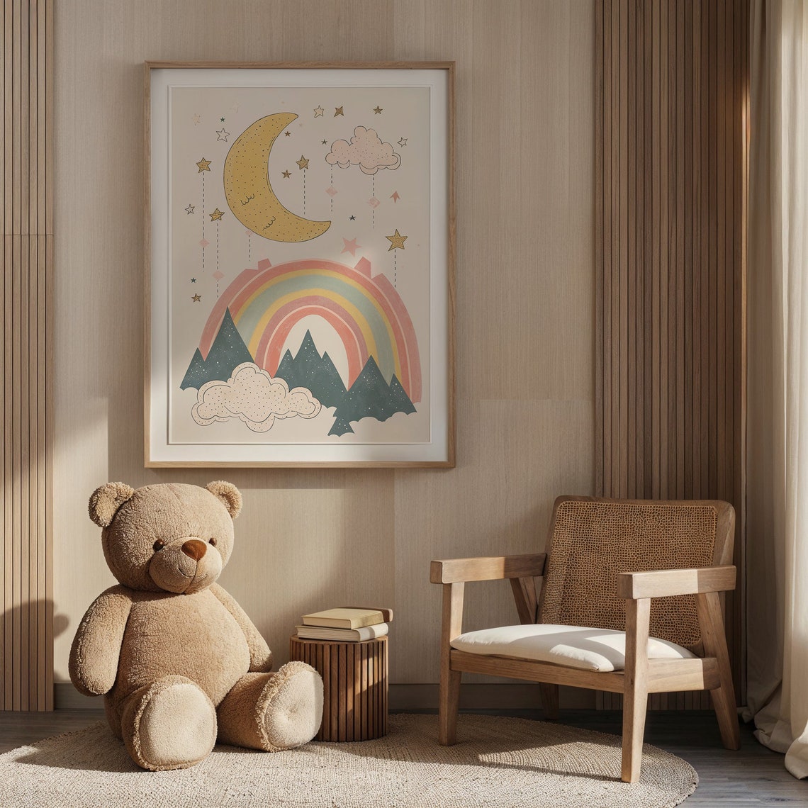 Pastel Rainbow And Moon Print Nursery Wall Art Mountain Scene Kids Posters Decor Instant Night Sky Illustration - Image 5