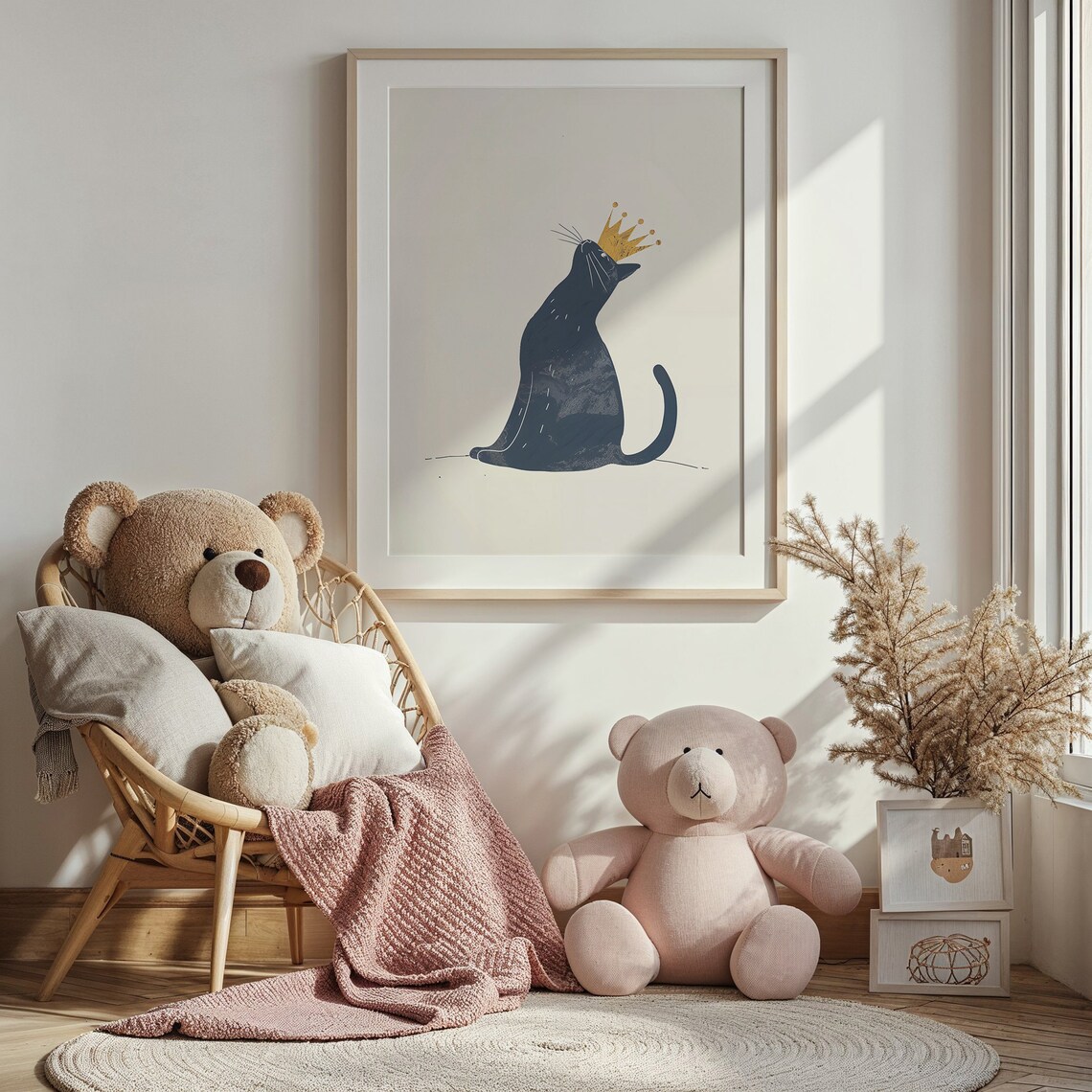 Navy Blue Cat Gold Crown Minimalist Cream Nursery Animal Wall Poster - Image 2