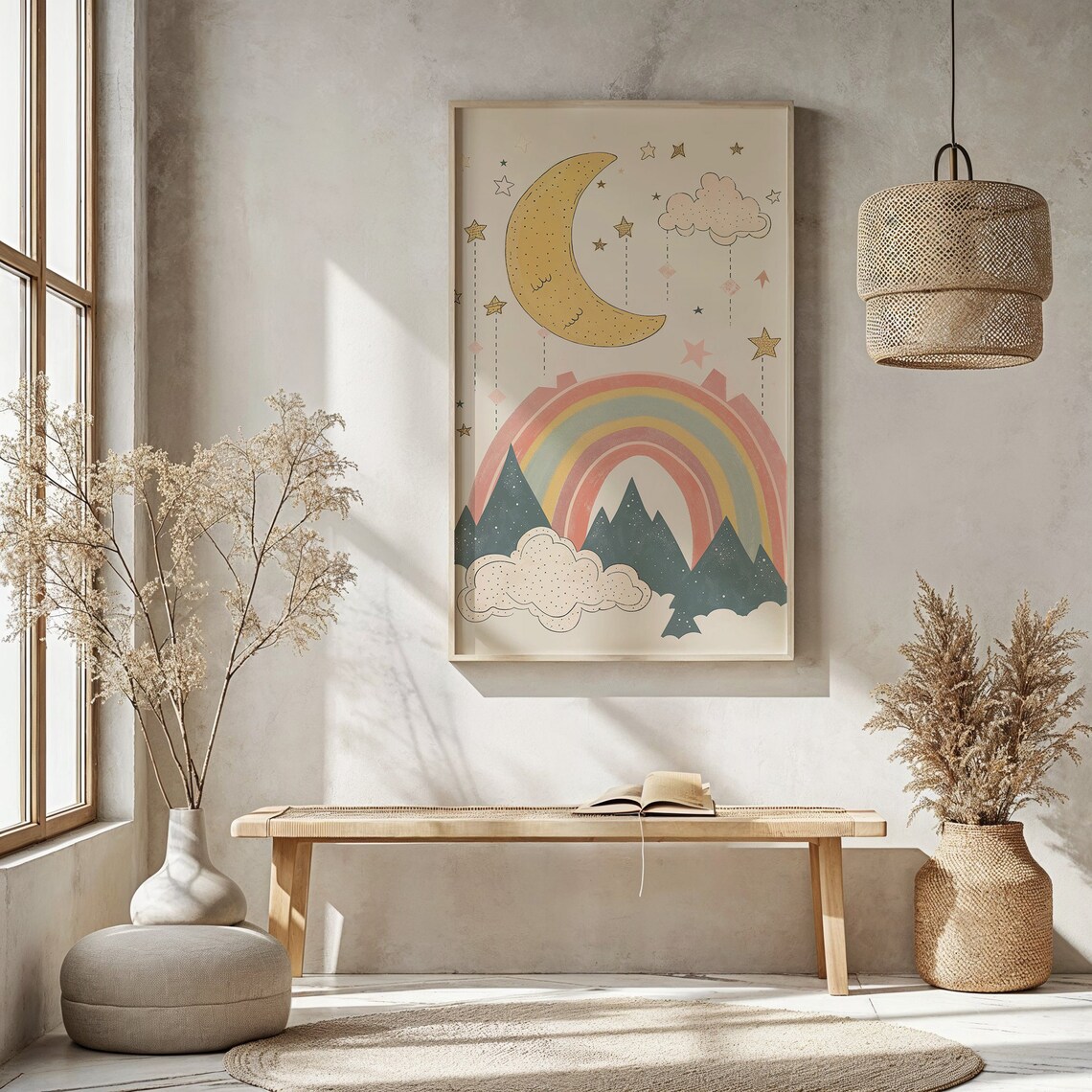 Pastel Rainbow Crescent Moon Mountain Scene Stars Nursery Poster - Image 3