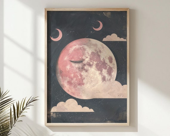 Sleeping Crescent Moon Print Celestial Nursery Wall Art Kids Space Themed Poster Whimsical Night Sky Decor Baby Room Gift