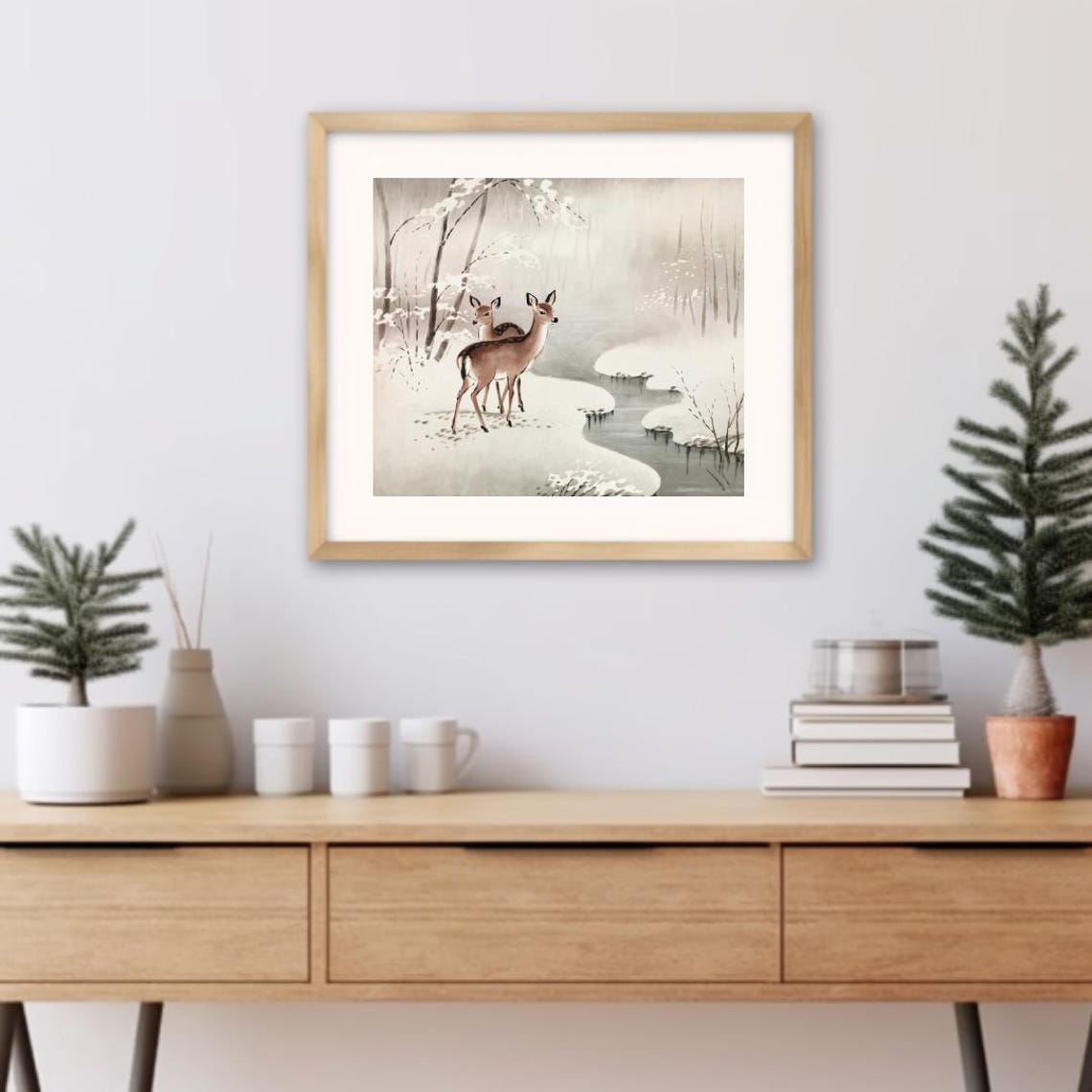 Two Young Deer By A Snowy Stream In A Misty Winter Forest Poster - Image 3