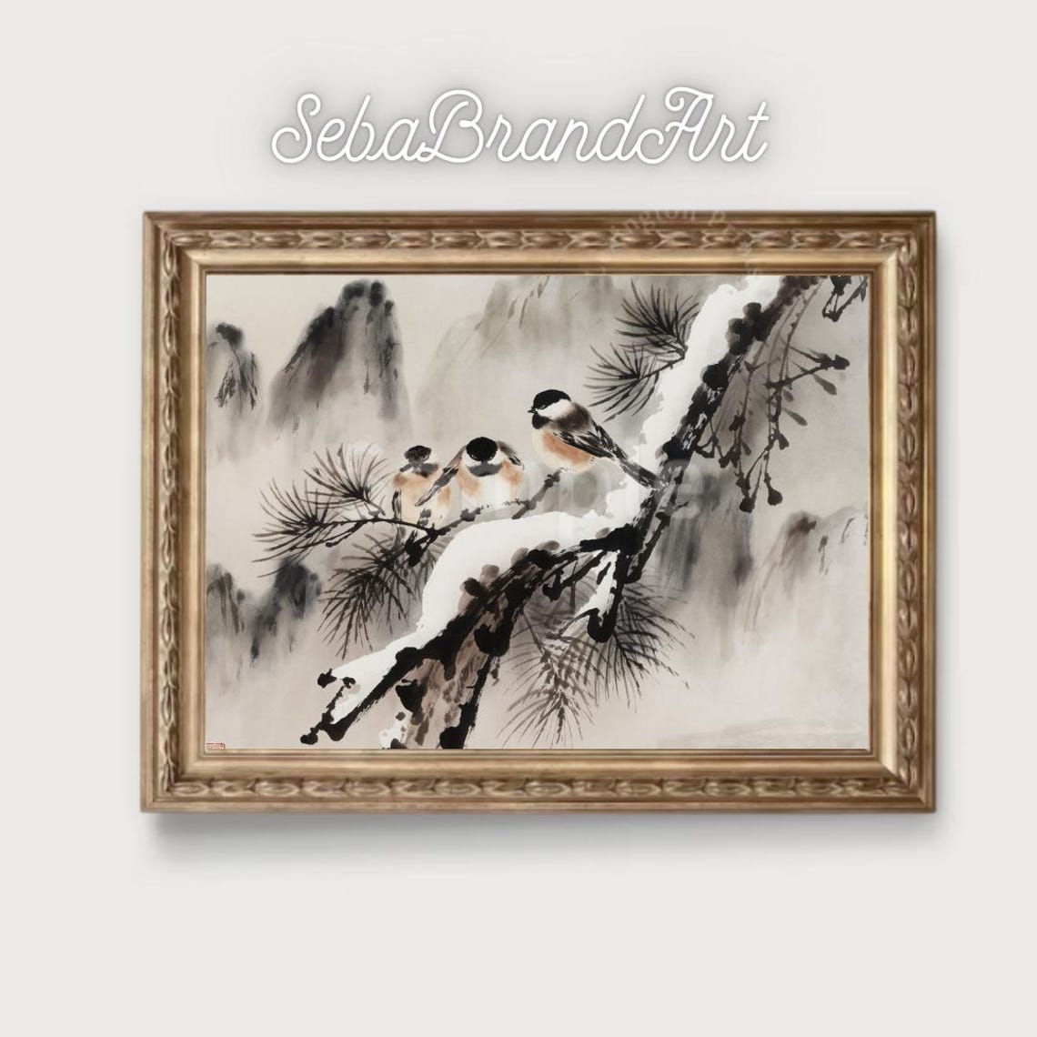 Three Chickadees On Snowy Pine Branch Chinese Ink Bird Art Poster - Image 2