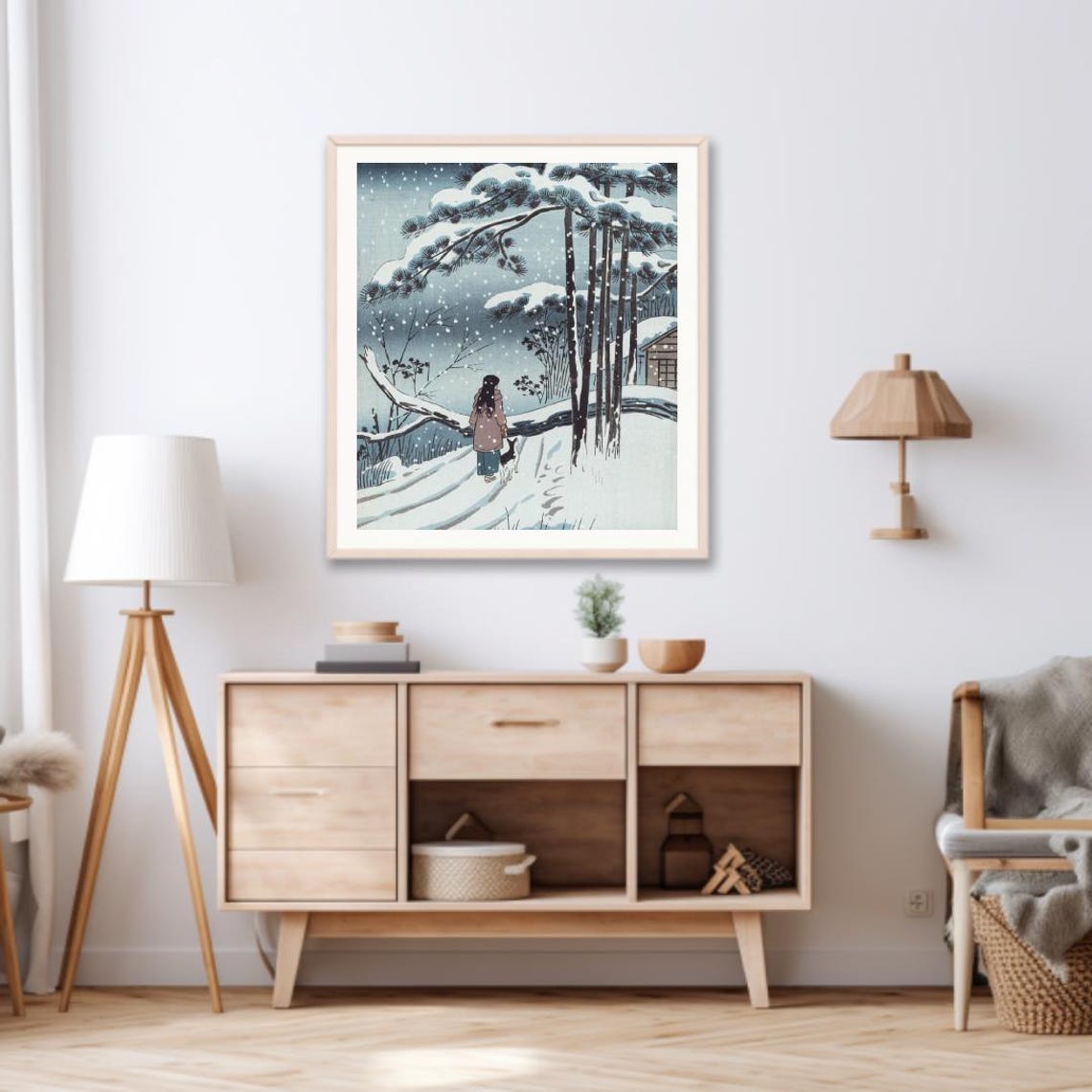 Girl And Dog Walking In Falling Snow Pine Forest Ukiyo E Art Poster - Image 3