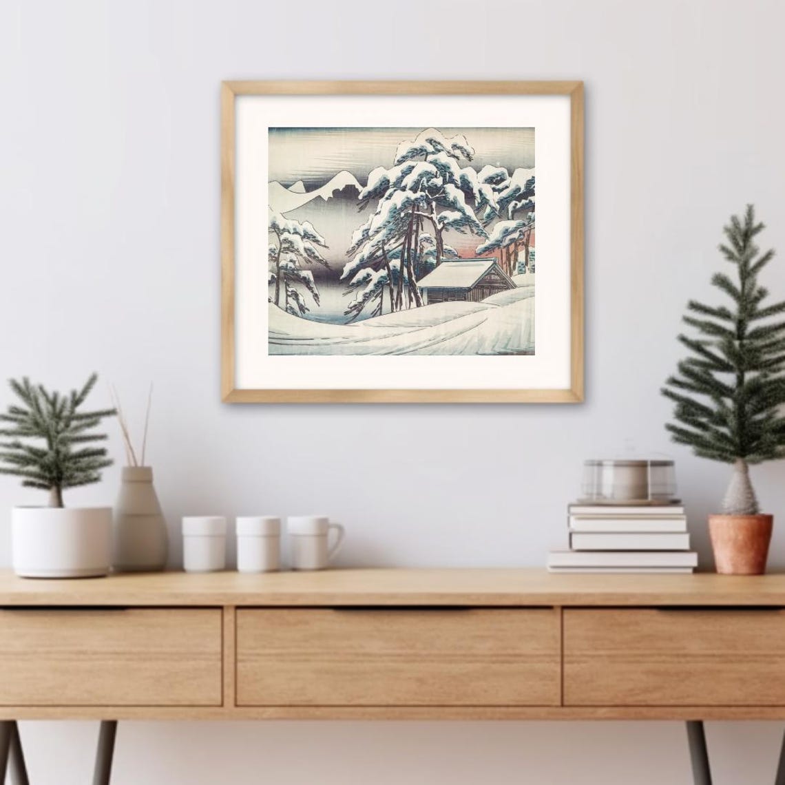Snow Covered Cabin Among Snowy Pines Japanese Ukiyo E Winter Art Print - Image 3