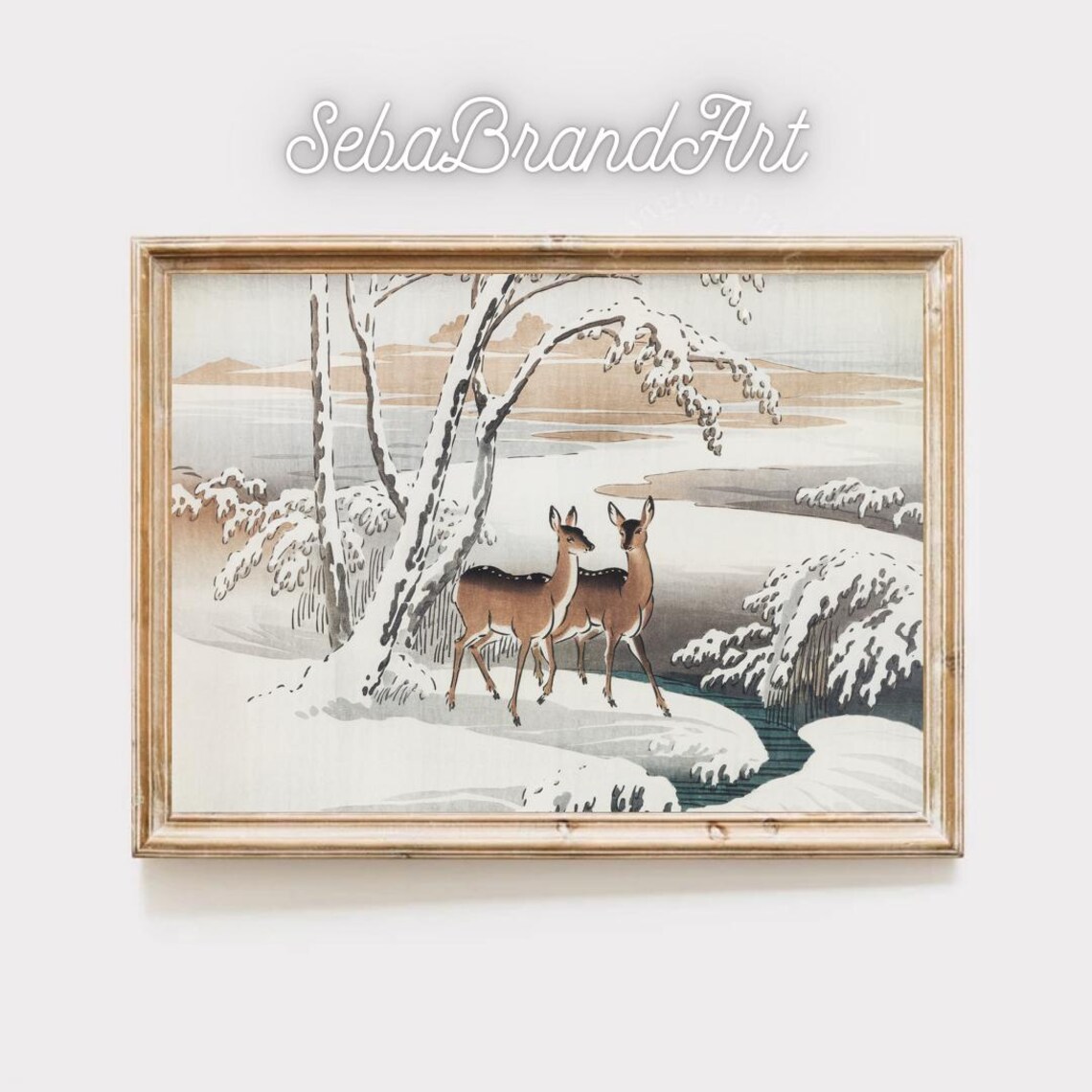 Two Deer Under Snowy Branches By Frozen Lake Japanese Ukiyo E Art Print