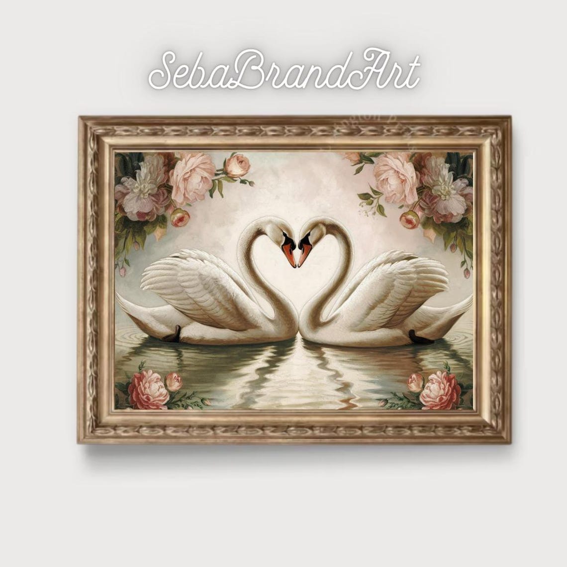 Two Swans Forming Heart With Raised Wings Romantic Floral Art Poster - Image 2