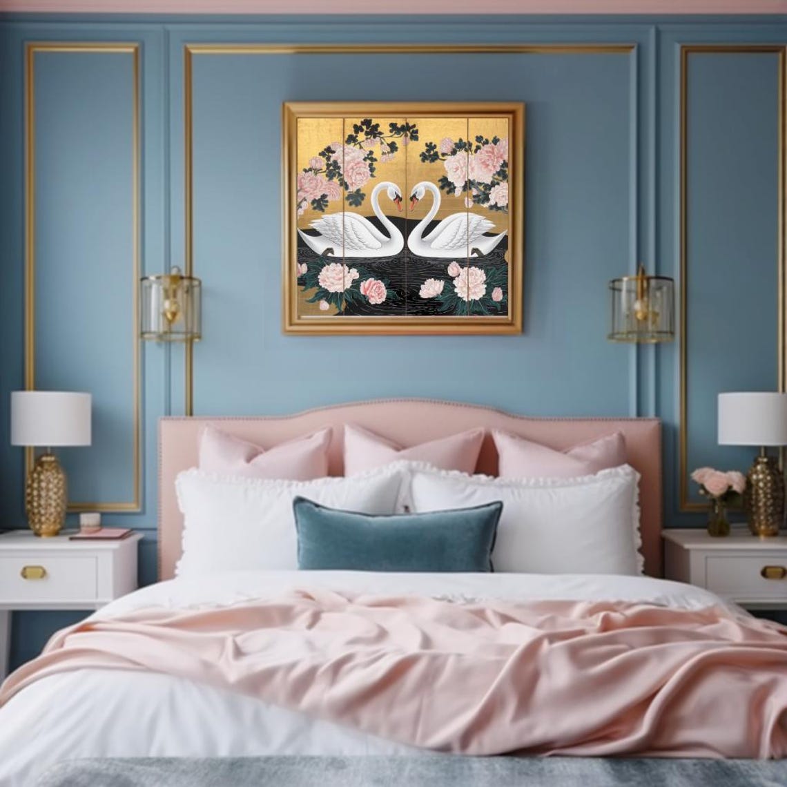 Two Swans With Peonies On A Gold Leaf Japanese Screen Art Poster - Image 3
