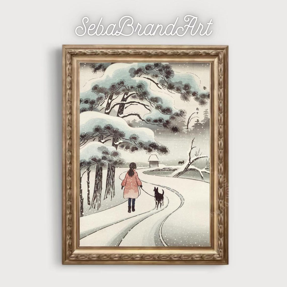 Girl Walking Dog On Snowy Path Under Pines Japanese Ukiyo E Art Poster - Image 2