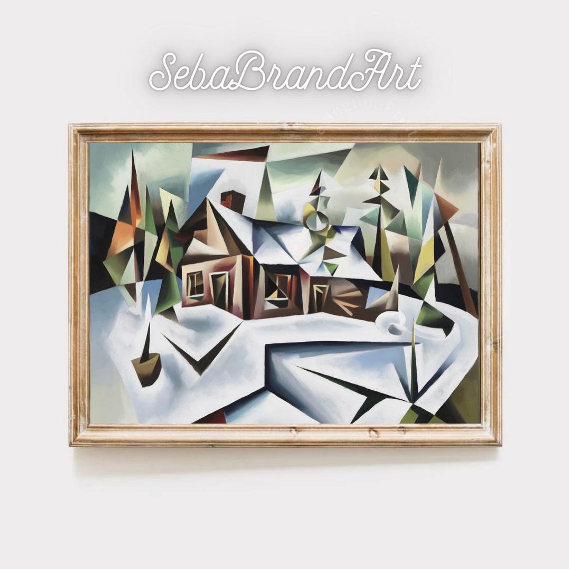 Cubist Snowy Cabin In A Geometric Winter Landscape Abstract Poster