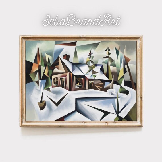 Cubist Snowy Cabin In A Geometric Winter Landscape Abstract Poster