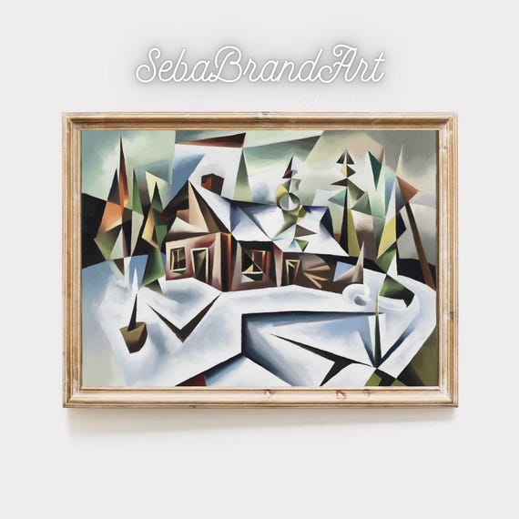 Picasso Style Cubist Winter Cabin In Snowy Landscape Abstract Home Wall Art Instant
