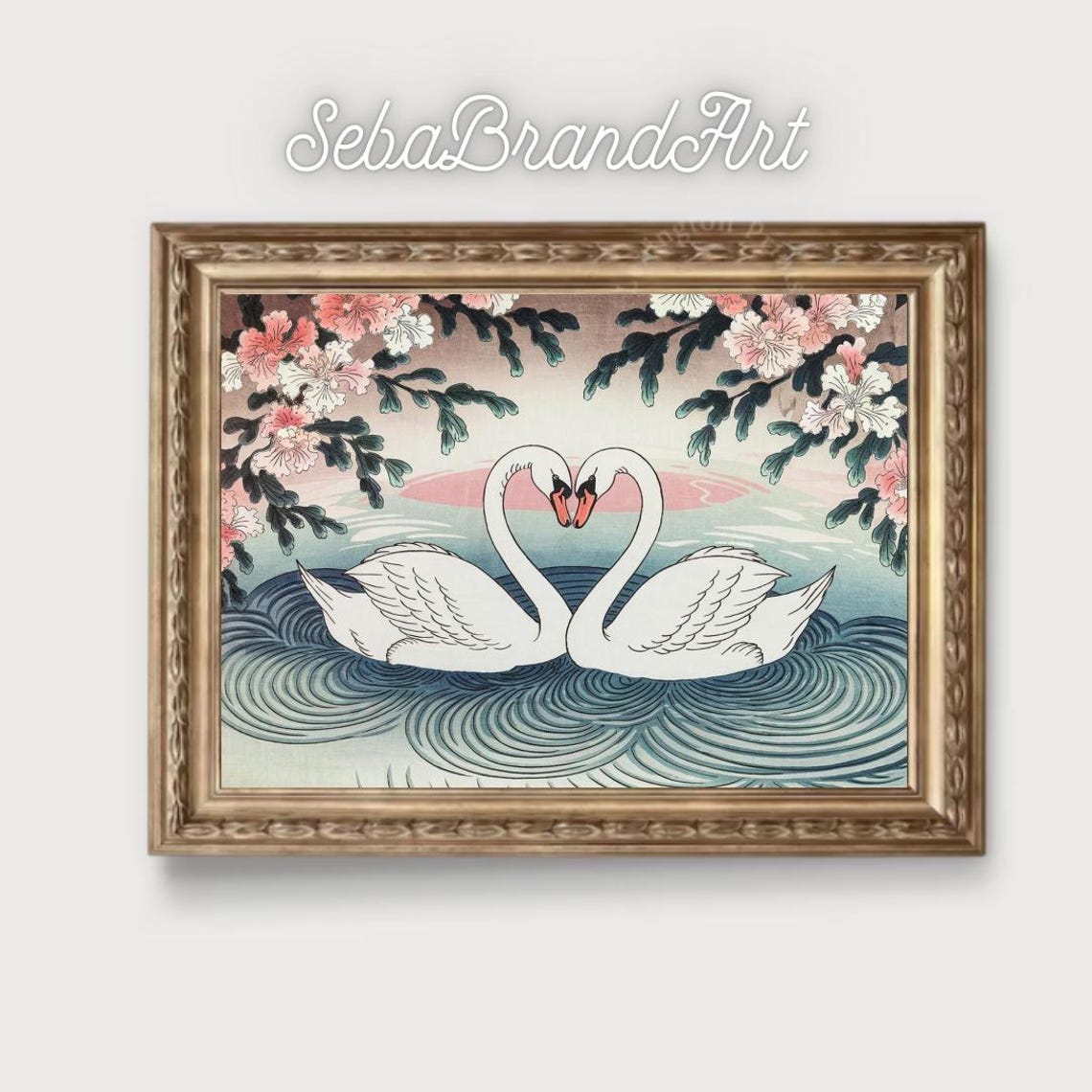 Two Swans Forming A Heart Among Peonies Ukiyo E Wave Art Poster - Image 2
