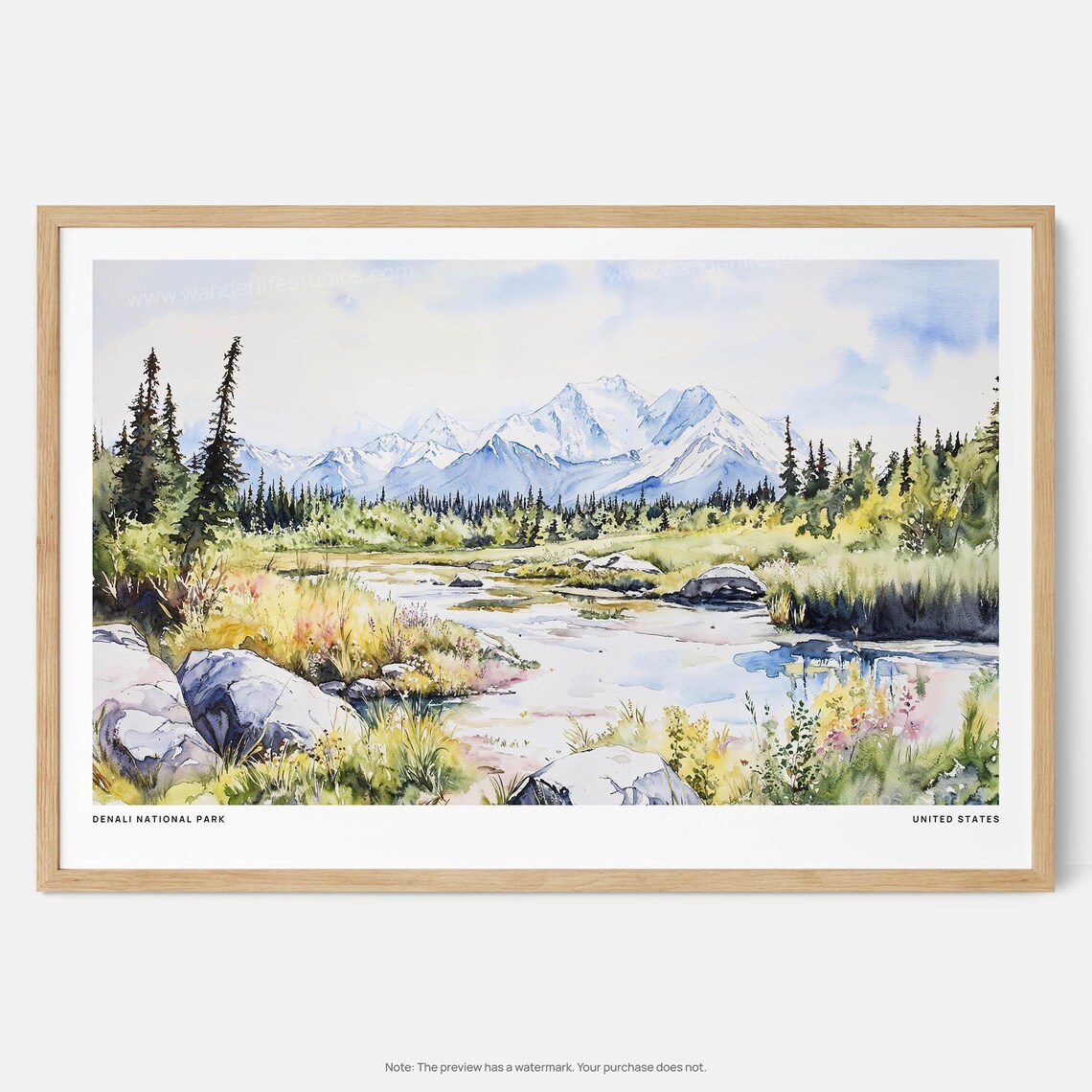 Denali National Park Watercolor Snowy Peak Alaska Travel Poster