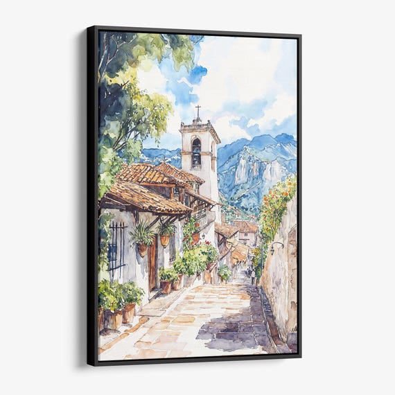 Bogot Colombia Canvas Print Watercolor Charming Street Scene Wall Art