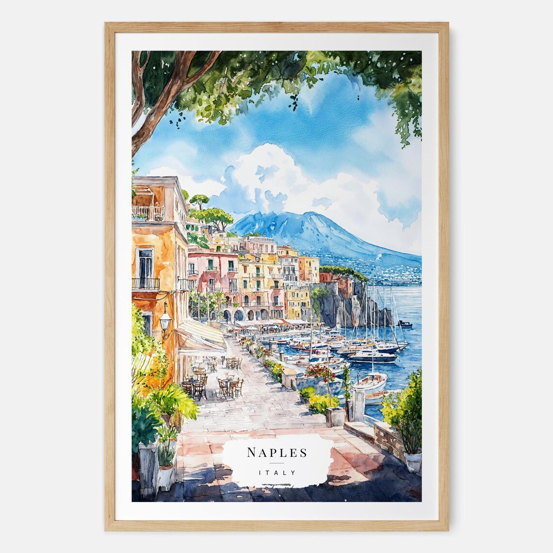 Naples Italy Watercolor Vesuvius Harbor Coastal Travel Poster