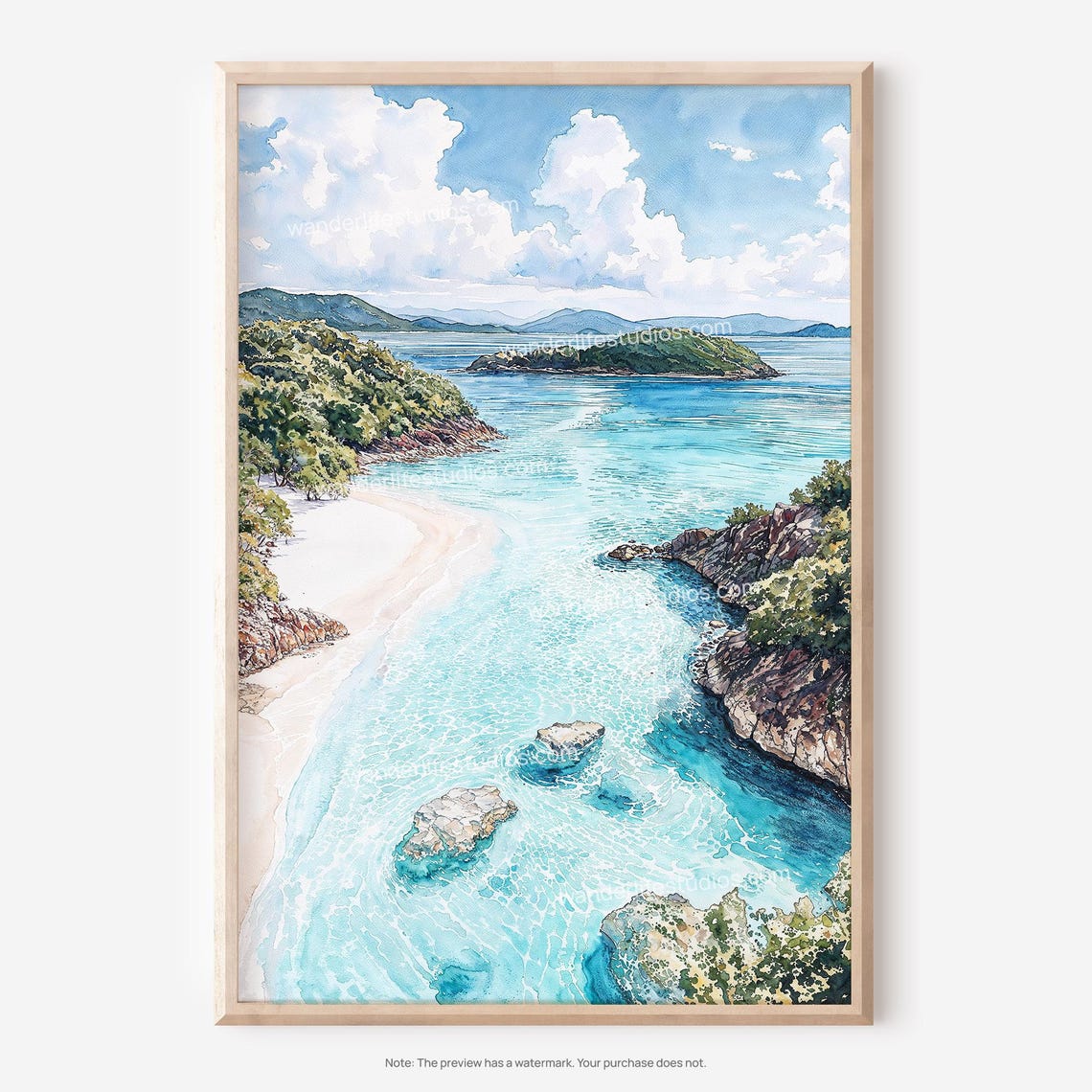 Virgin Islands Turquoise Bay Beach Watercolor Art Travel Poster