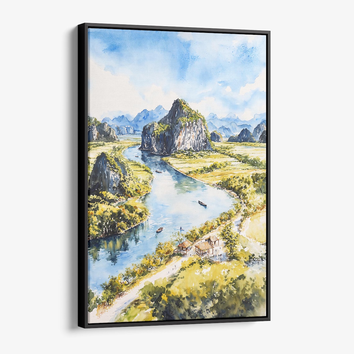 Limestone Karst River Valley Boats Southeast Asia Watercolor Poster