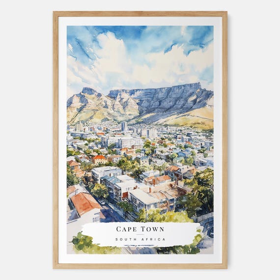 Cape Town Watercolor Art Print Featuring Iconic Table Mountain South Africa Wall Travel Gift Moving