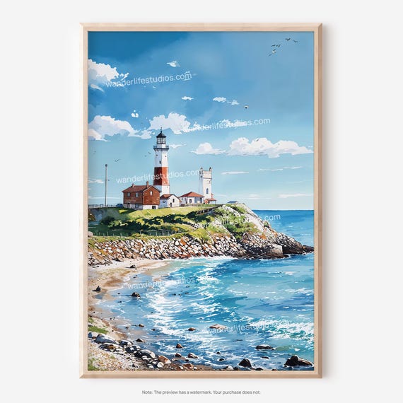 Montauk Lighthouse Wall Art Coastal Watercolor For Home Decor