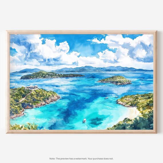 Virgin Islands Turquoise Bays Sailboats Watercolor Landscape Poster
