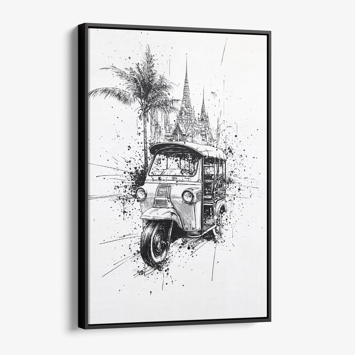 Tuk Tuk Thailand Black White Ink Sketch Temple Palm Art Poster
