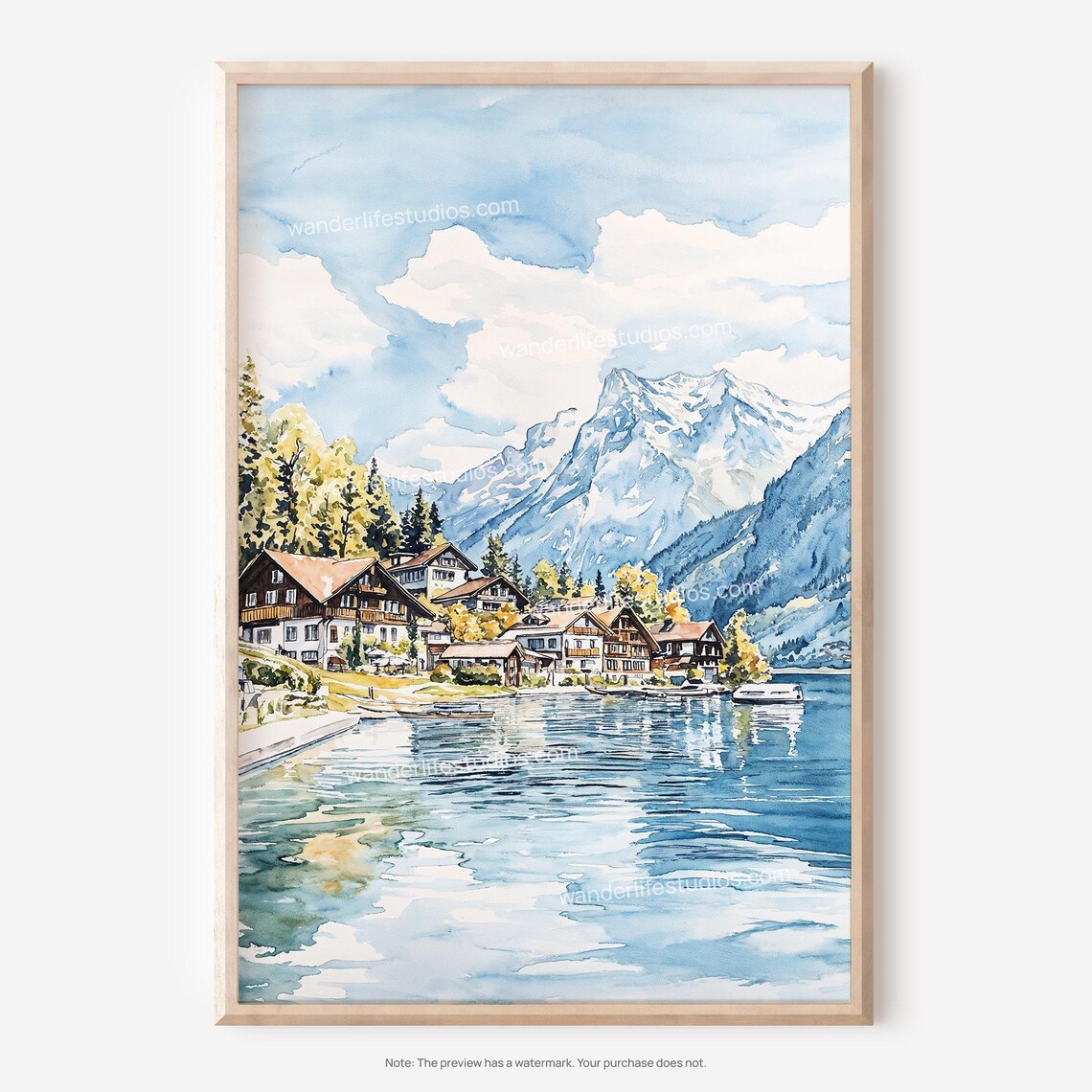 Brienz Switzerland Alpine Lakeside Village Watercolor Painting Poster