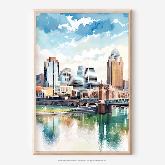 Cincinnati Ohio Wall Art Watercolor City Skyline