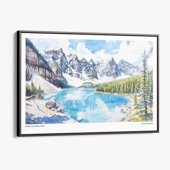 Banff National Park Turquoise Lake Mountains Watercolor Poster