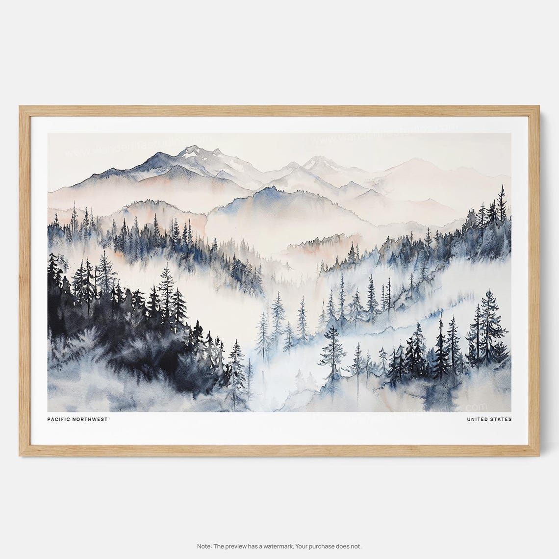 Pacific Northwest Watercolor Art Print Serene Mountain Landscape Wall