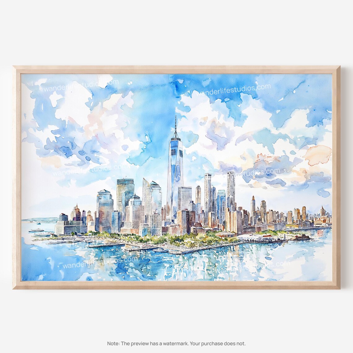 New York City Skyline Wall Art Watercolor For Easy Printing