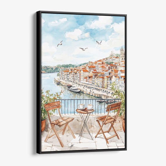 Porto Canvas Print Morning Coffee By The River Watercolor Art
